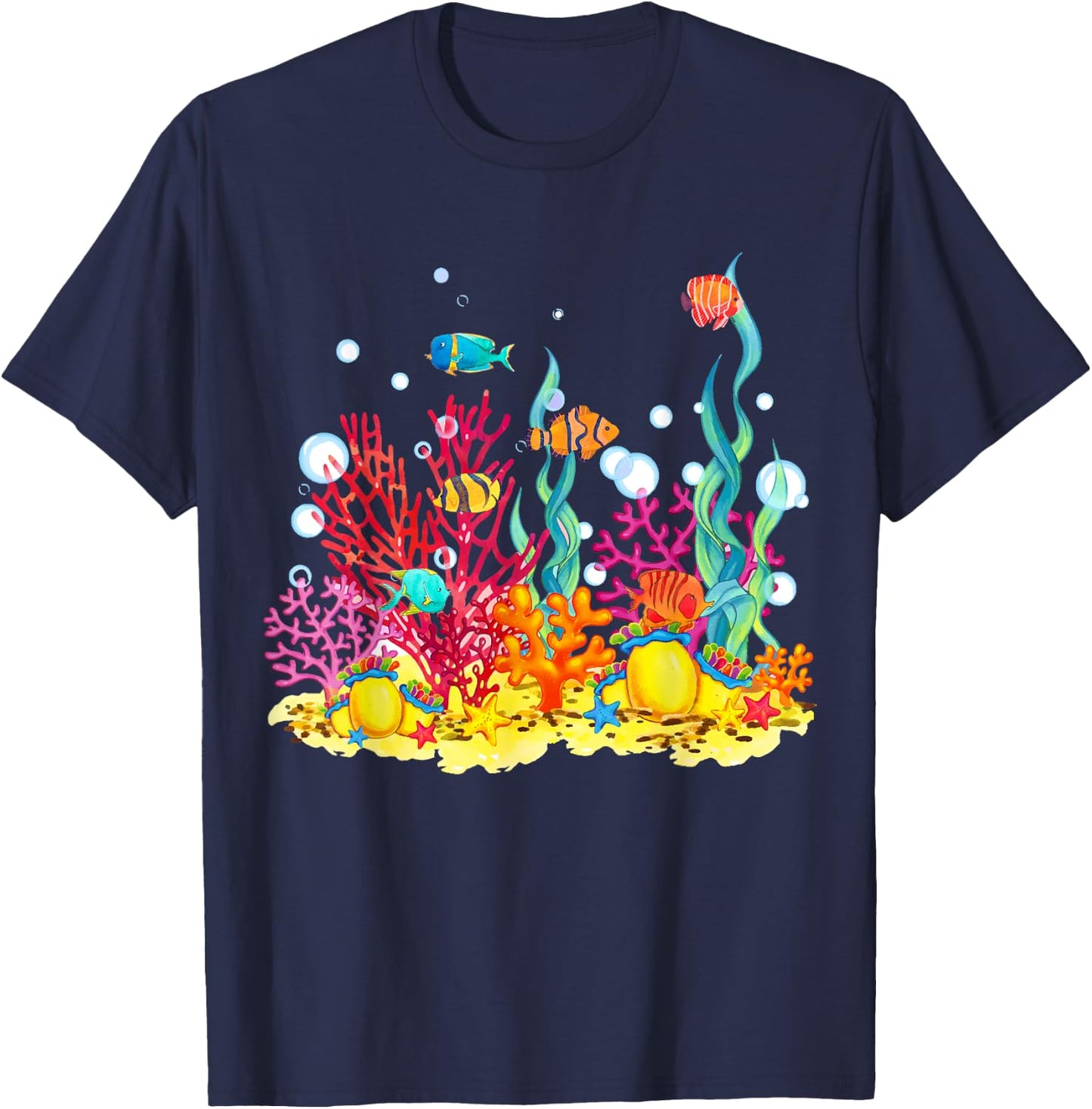 Watercolour coral reef with fish, beautiful underwater world T-Shirt - T-Shirt | Navy