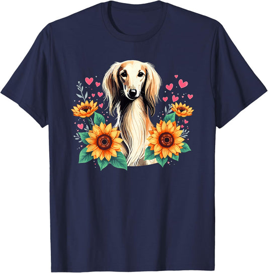 Sunflowers Saluki Dog Persian Greyhound T-Shirt - T-Shirt | Navy