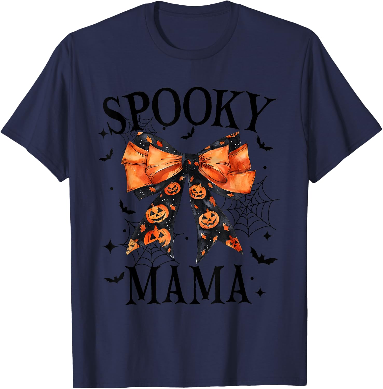 Spooky Mama Coquette Bow Pumpkin Funny Halloween T-Shirt - T-Shirt | Navy