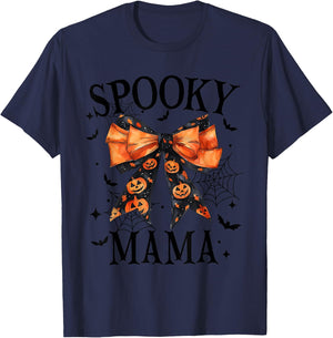 Spooky Mama Coquette Bow Pumpkin Funny Halloween T-Shirt - T-Shirt | Navy