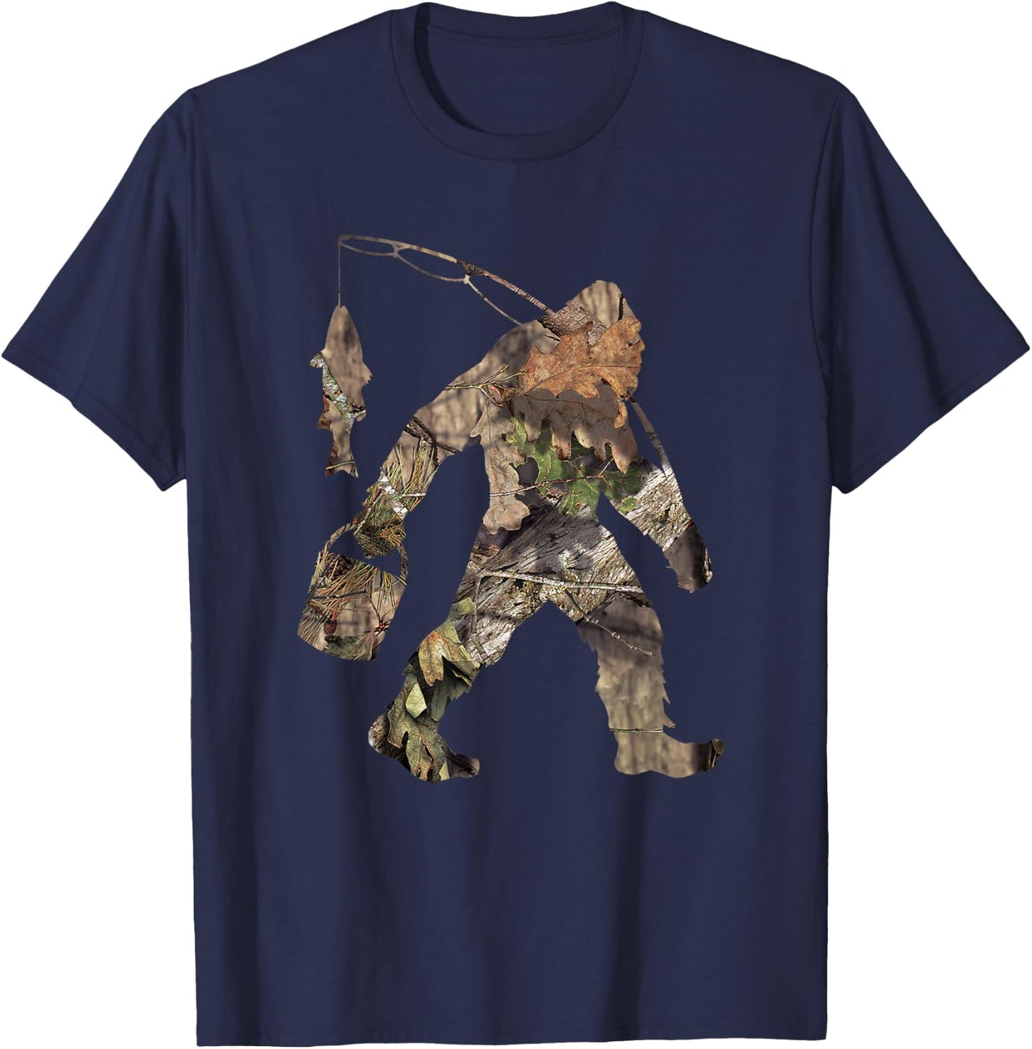 Fishing Bigfoot Carrying Fishing Pole Camo Sasquatch T-Shirt - T-Shirt | Navy