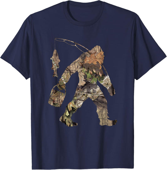 Fishing Bigfoot Carrying Fishing Pole Camo Sasquatch T-Shirt - T-Shirt | Navy