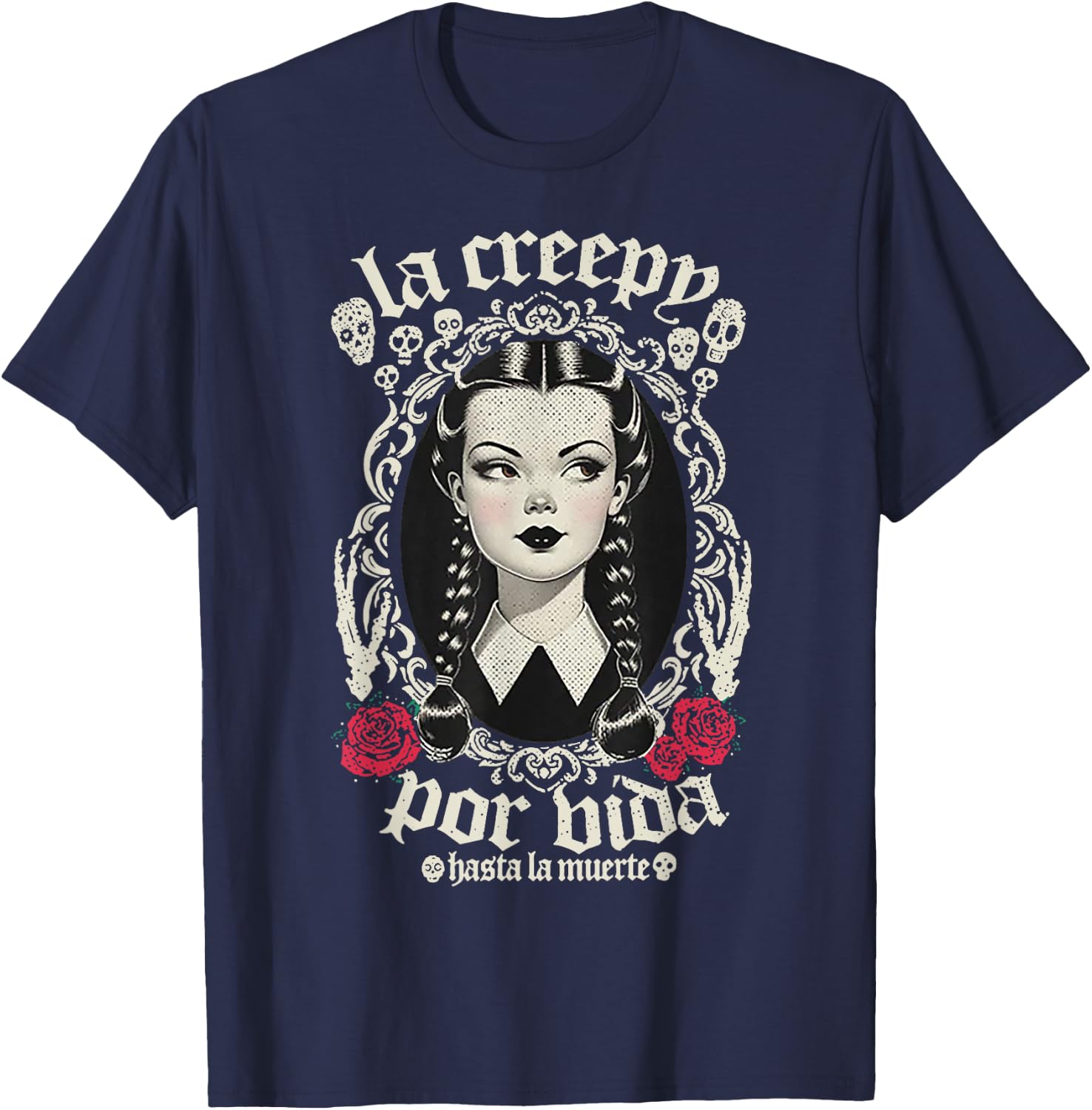 La Creepy Por Vida Goth - -Adults, Black, Small, Short Sleeve, Gothic Mexico Pride T-Shirt - T-Shirt | Navy