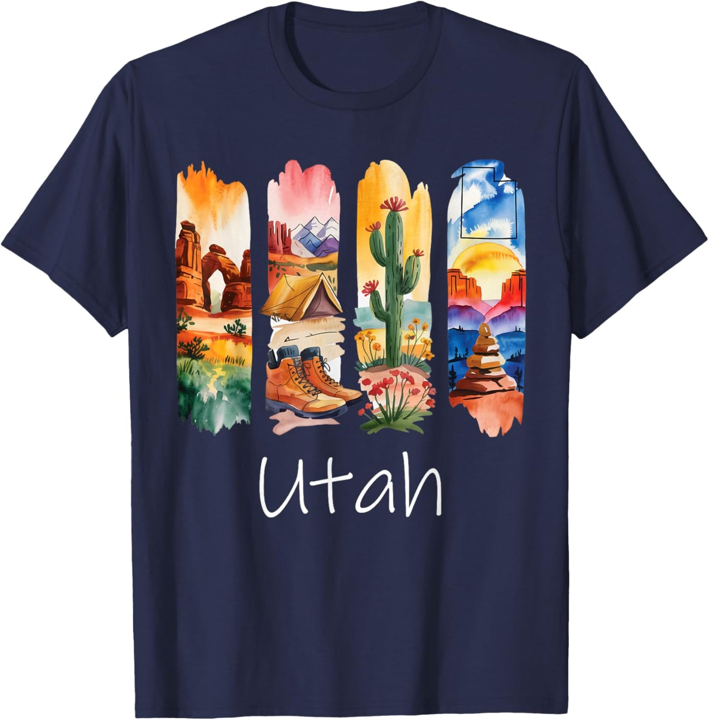 Utah Brushstroke Arches National Park Hiking Boots Cactus T-Shirt - T-Shirt | Navy