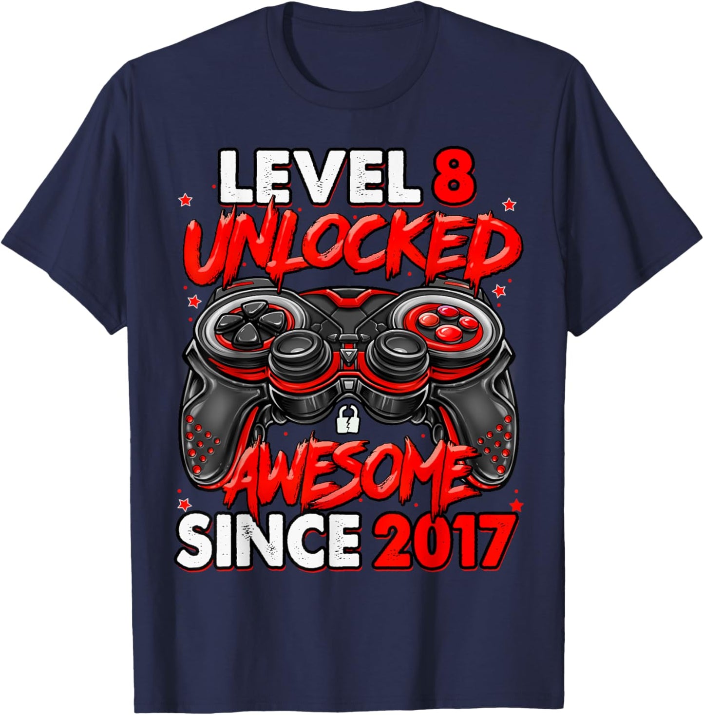 Level 8 Unlocked Awesome Since 2017 8th Birthday Gaming T-Shirt - T-Shirt | Navy