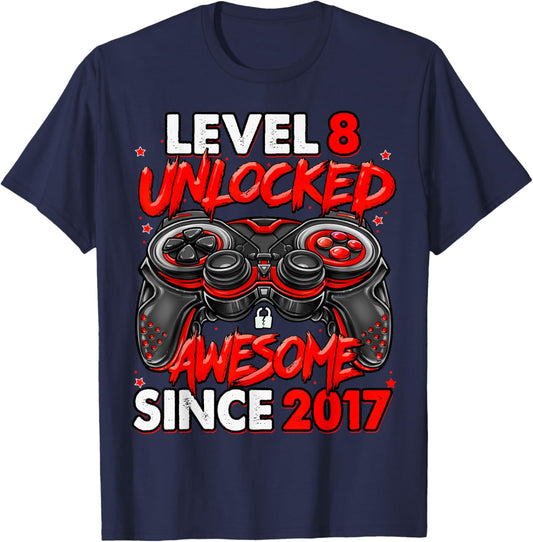 Level 8 Unlocked Awesome Since 2017 8th Birthday Gaming T-Shirt - T-Shirt | Navy