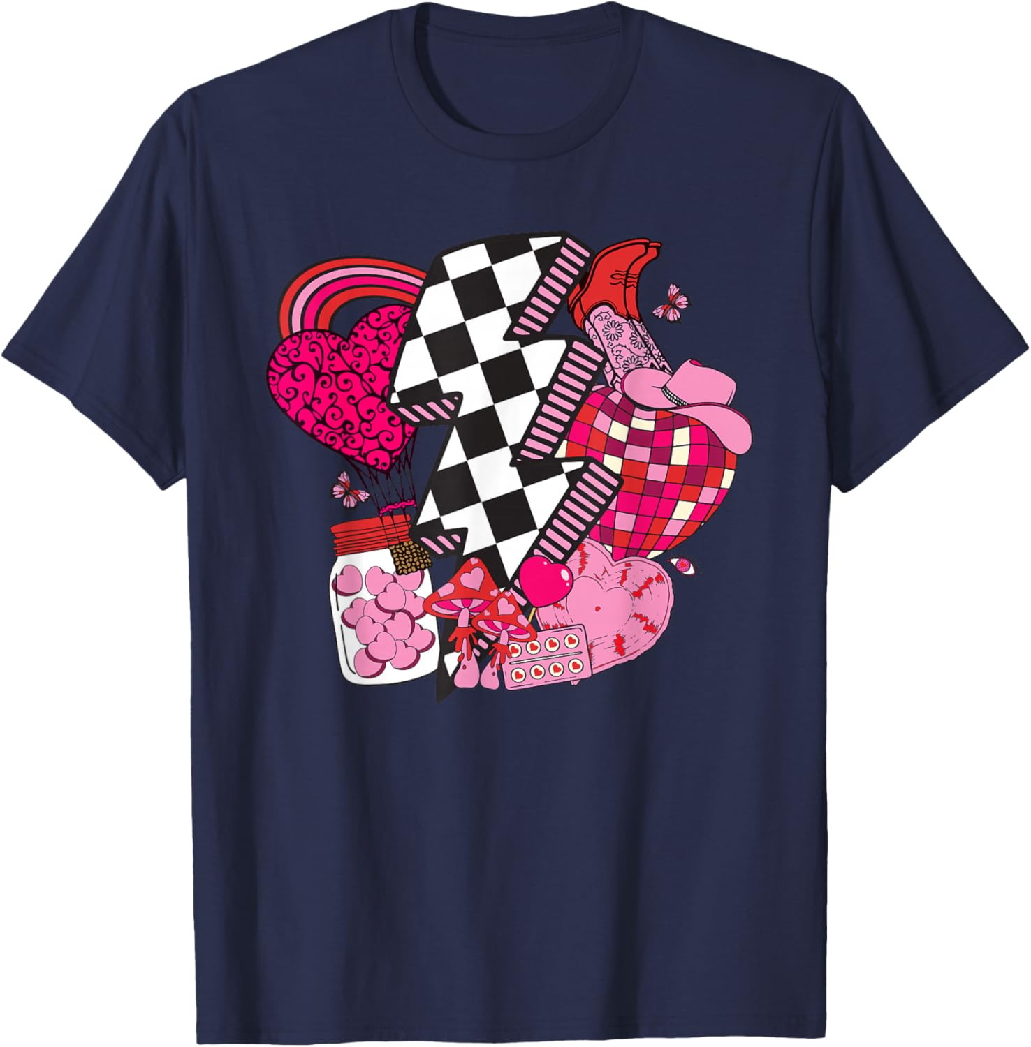 Retro Happy Valentines Hearts Checkered Smile Face T-Shirt - T-Shirt | Navy