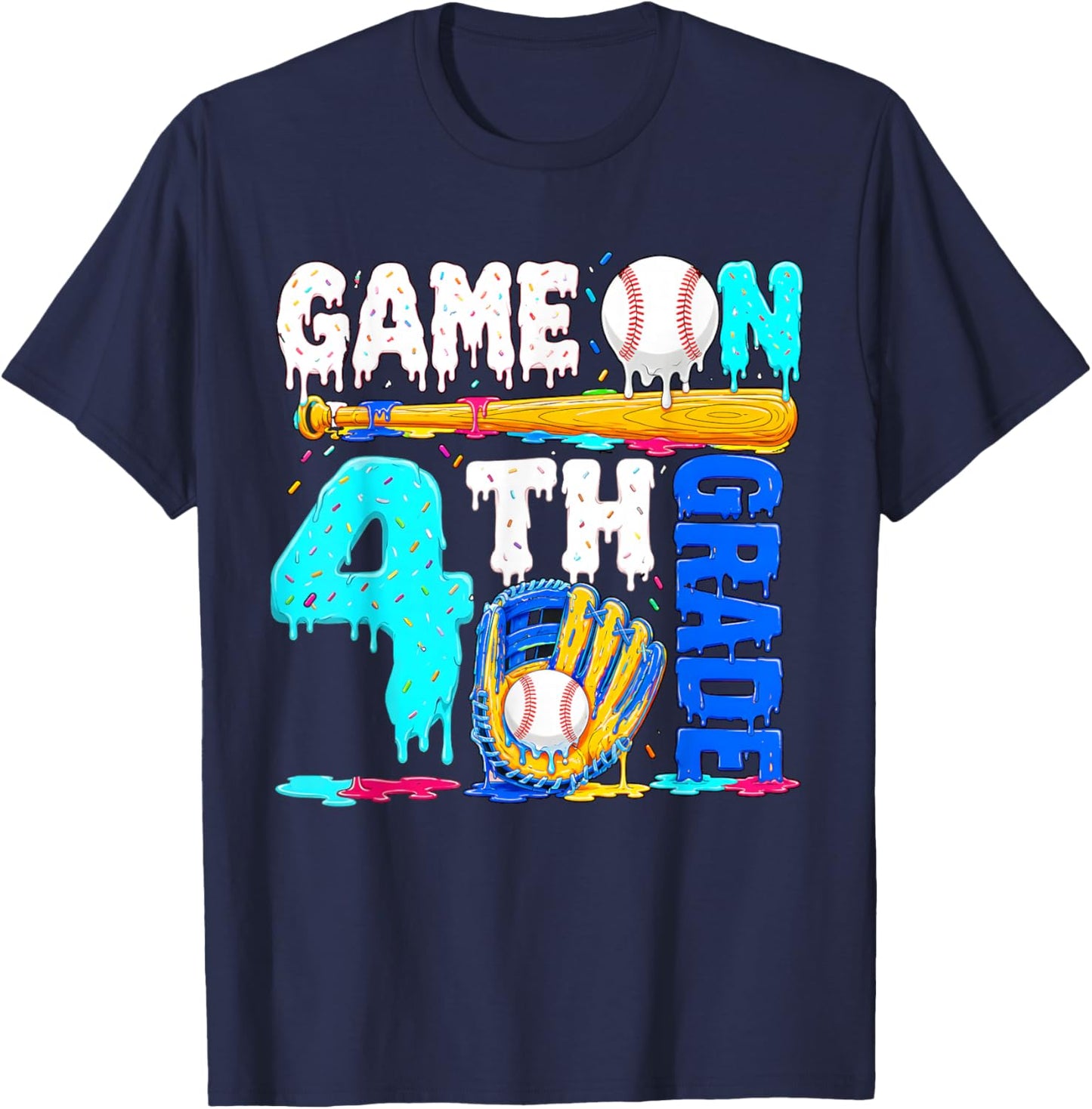 Game On 4th Grade Baseball Drip Ice Cream Back to School T-Shirt - T-Shirt | Navy