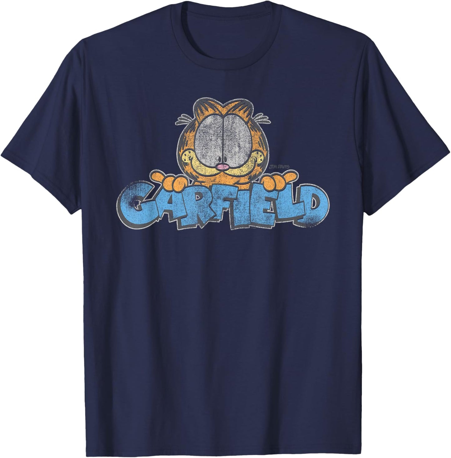 Garfield Distressed Garfield Face with Logo Cartoon Cat T-Shirt - T-Shirt | Navy