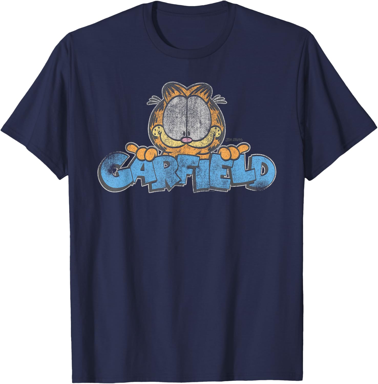 Garfield Distressed Garfield Face with Logo Cartoon Cat T-Shirt - T-Shirt | Navy