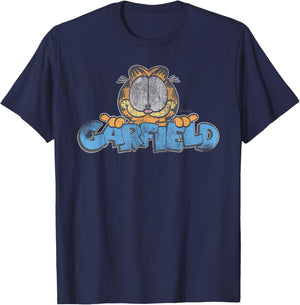 Garfield Distressed Garfield Face with Logo Cartoon Cat T-Shirt - T-Shirt | Navy