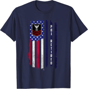 Retired E-6 Petty Officer First Class PO1 Rank American Flag T-Shirt - T-Shirt | Navy