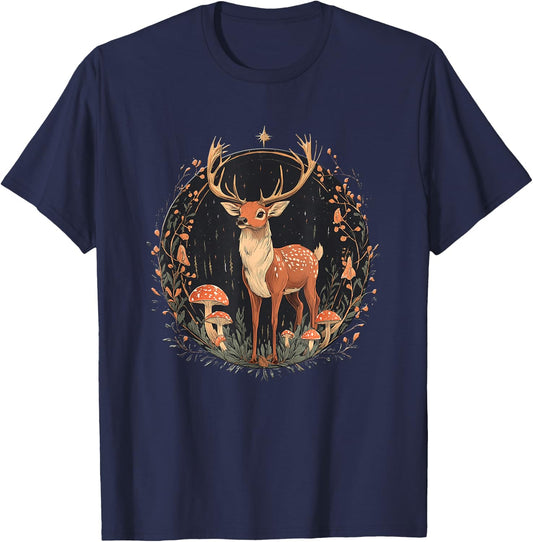 Cute Deer With Mushrooms - Cottage Core T-Shirt - T-Shirt | Navy