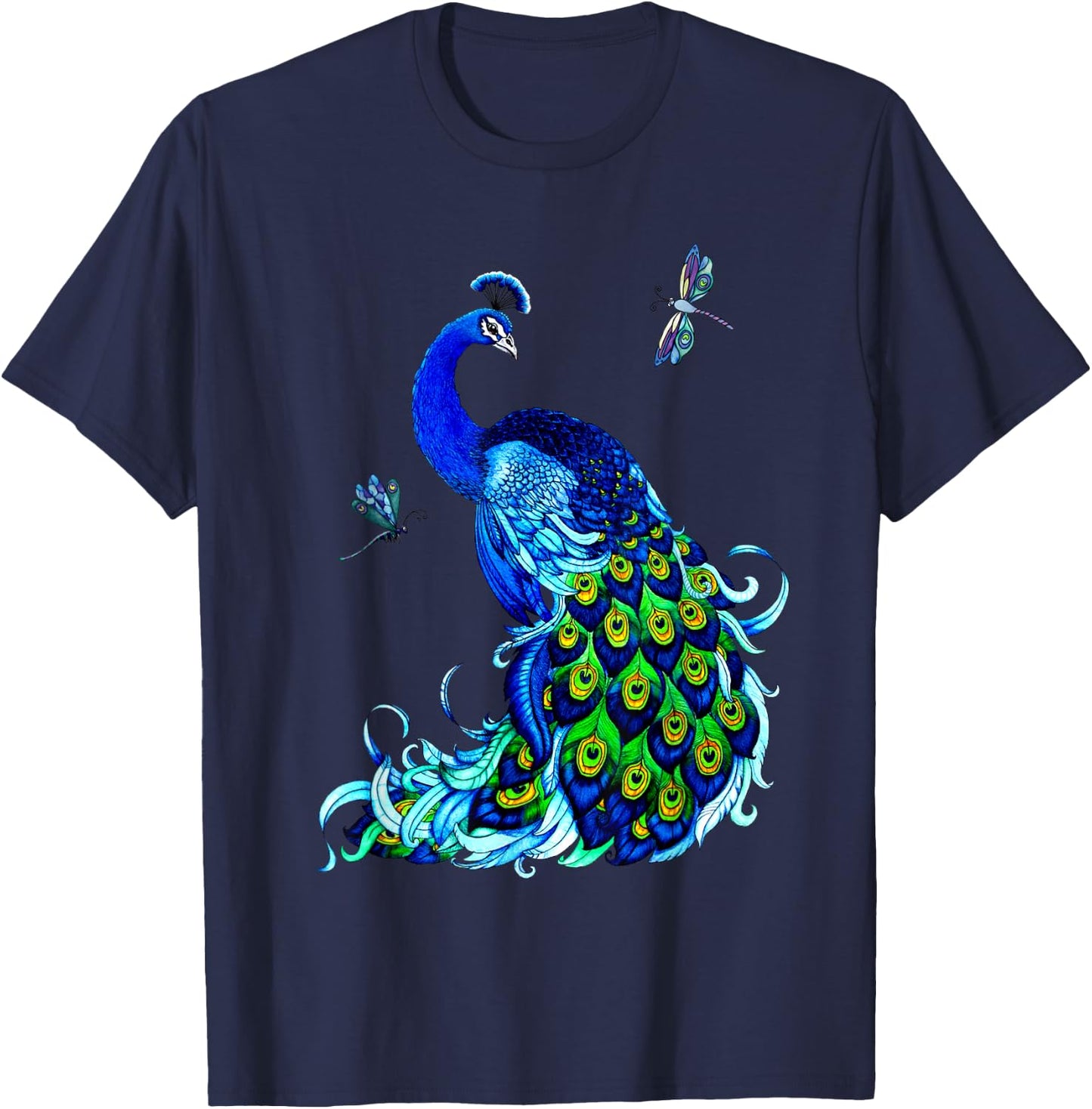Blue Peacock and Dragonflies T-Shirt - T-Shirt | Navy