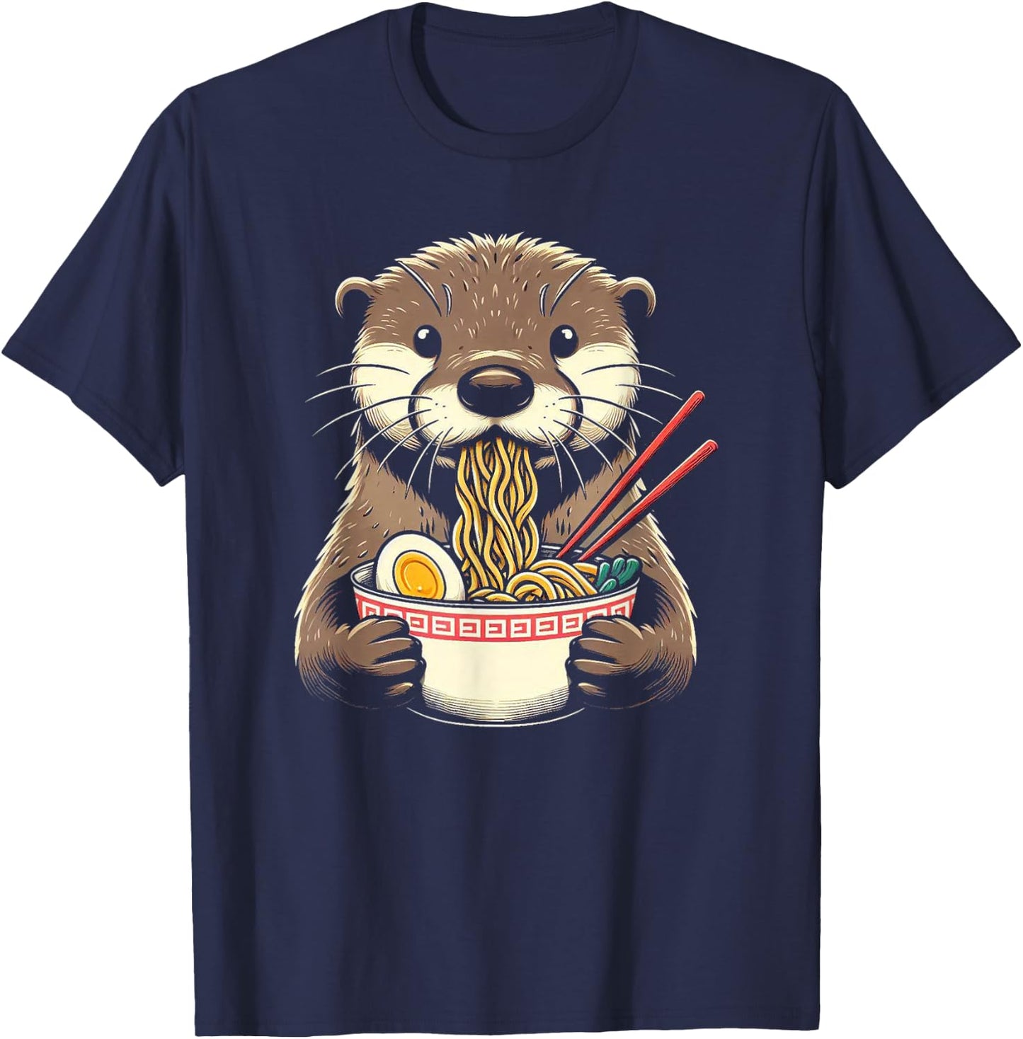 Otter Eating Ramen Japanese Noodles Soup T-Shirt - T-Shirt | Navy