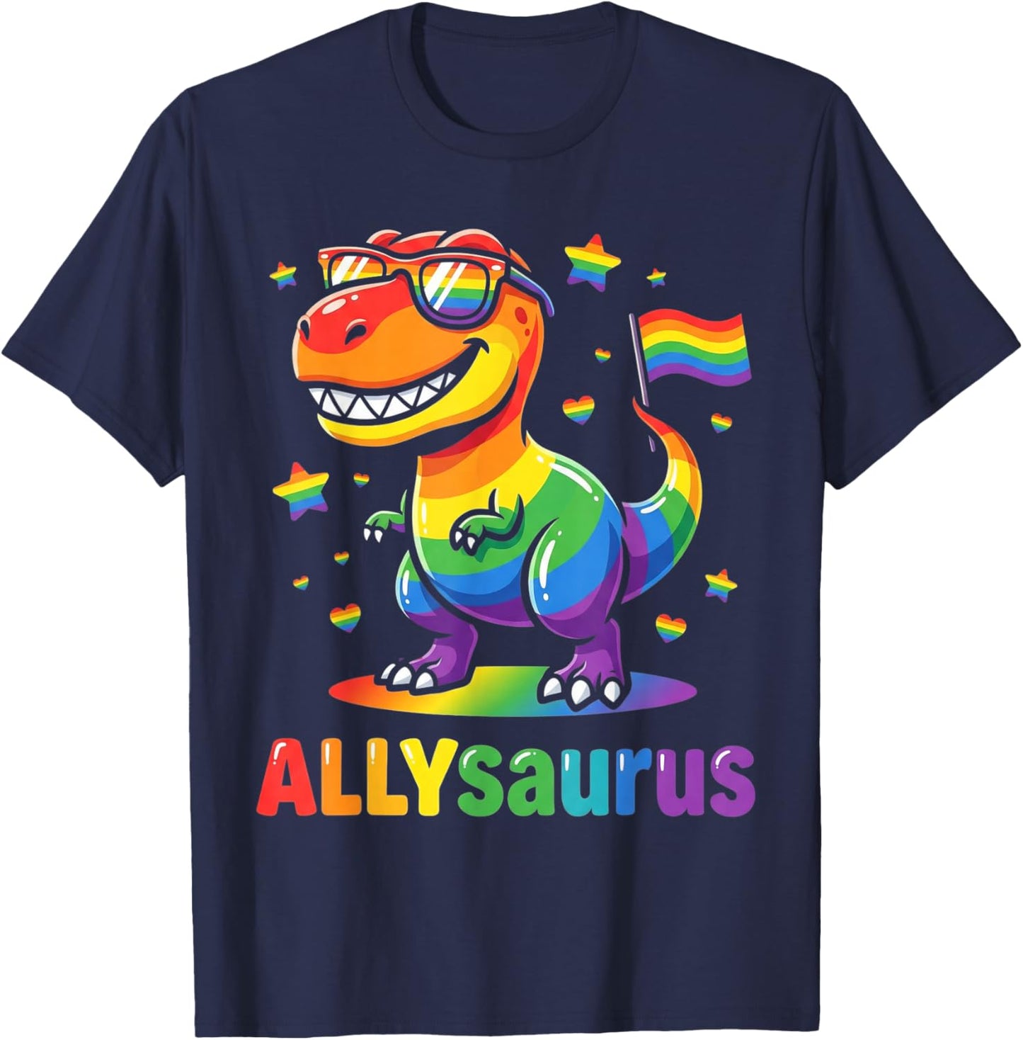 Allysaurus Dinosaur LGBTQ Ally Pride Support Rainbow Flag T-Shirt - T-Shirt | Navy