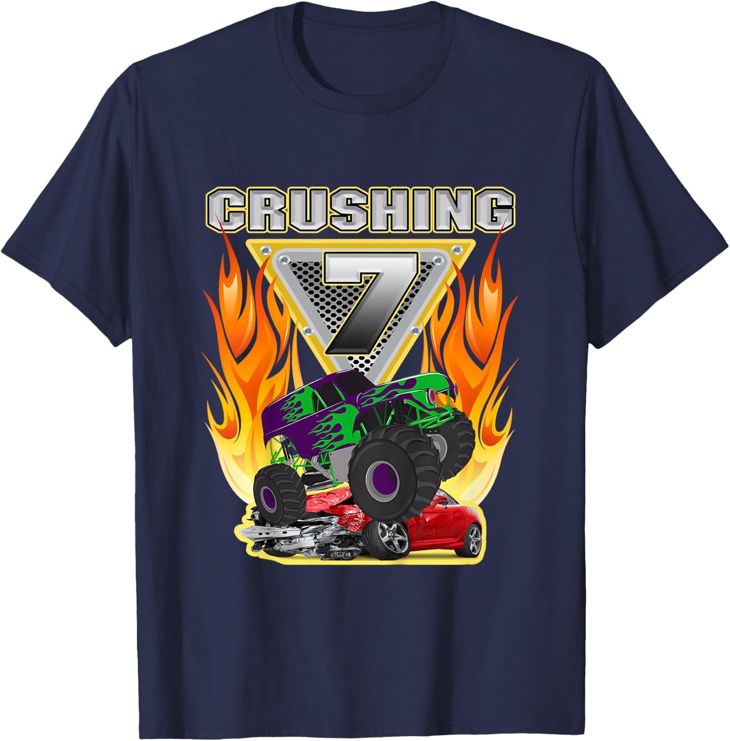 Monster Truck Crushing being Seven 7 Years Old 7th Birthday T-Shirt - T-Shirt | Navy