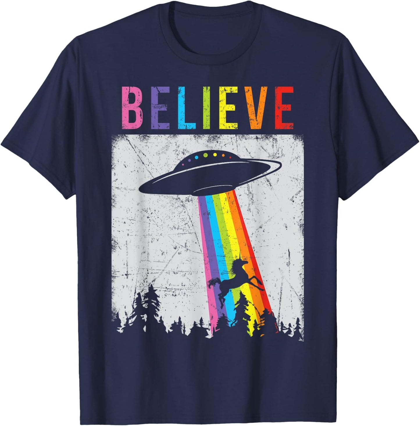 Alien Unicorn UFO Rainbow T-Shirt - T-Shirt | Navy