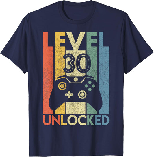 Level 30 Unlocked Funny Video Gamer 30th Birthday Gift T-Shirt - T-Shirt | Navy