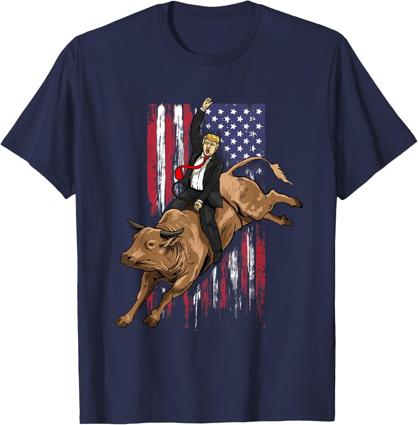 Rodeo Bull Rider Trump American Flag Cowboy Bull Riding T-Shirt - T-Shirt | Navy
