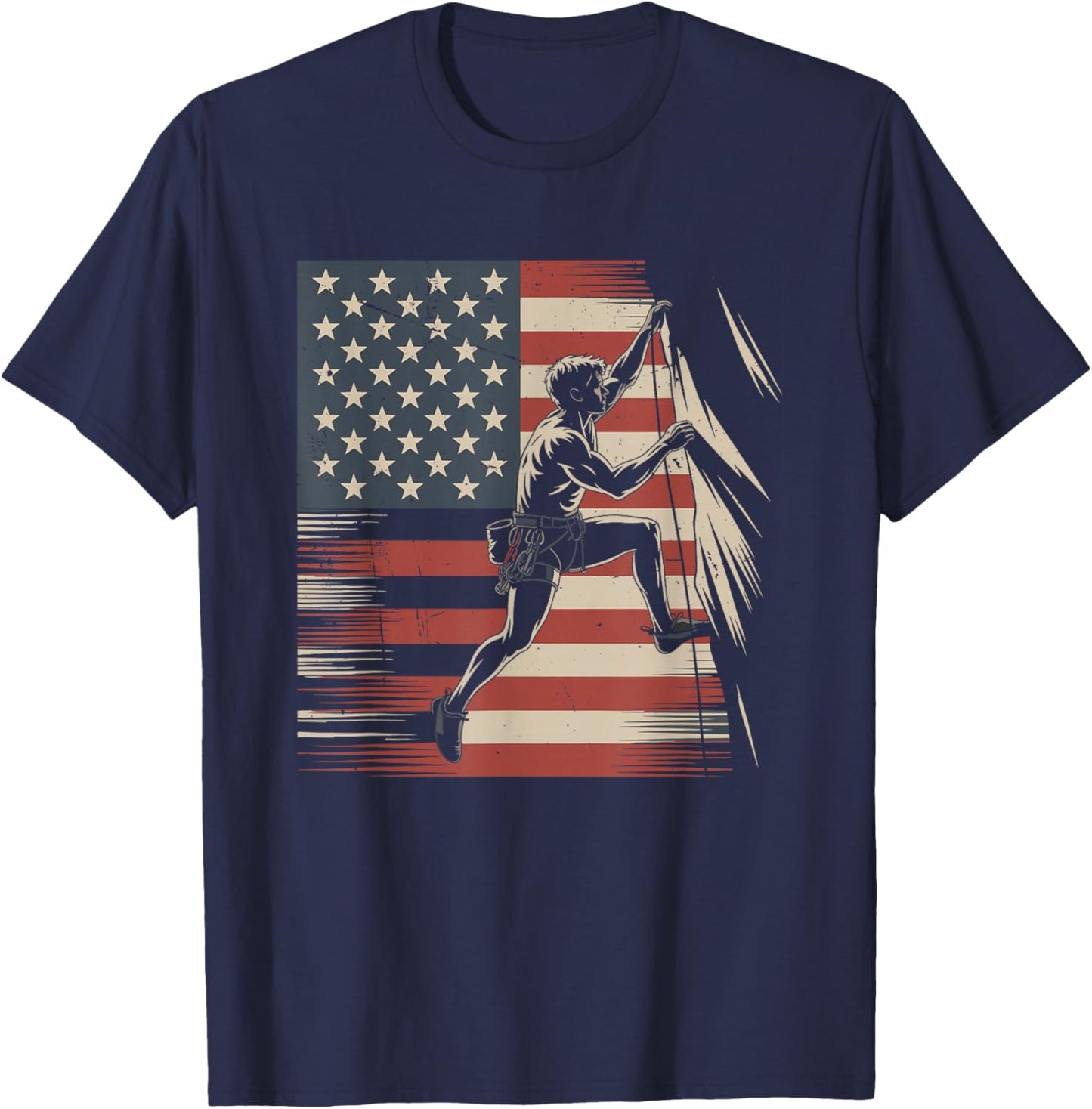 Rock Climbing USA Flag Vintage Rock Climber 4th Of July T-Shirt - T-Shirt | Navy