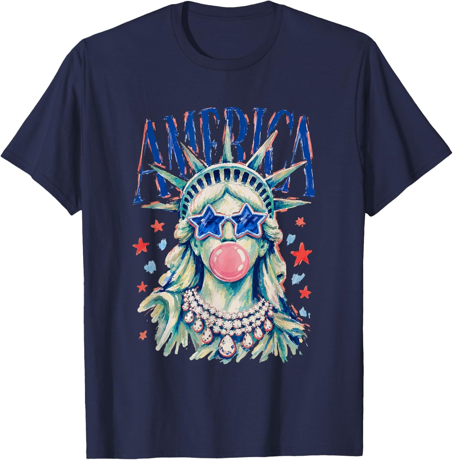 Statue of Liberty Blowing Bubble Girly America 4th of July T-Shirt - T-Shirt | Navy
