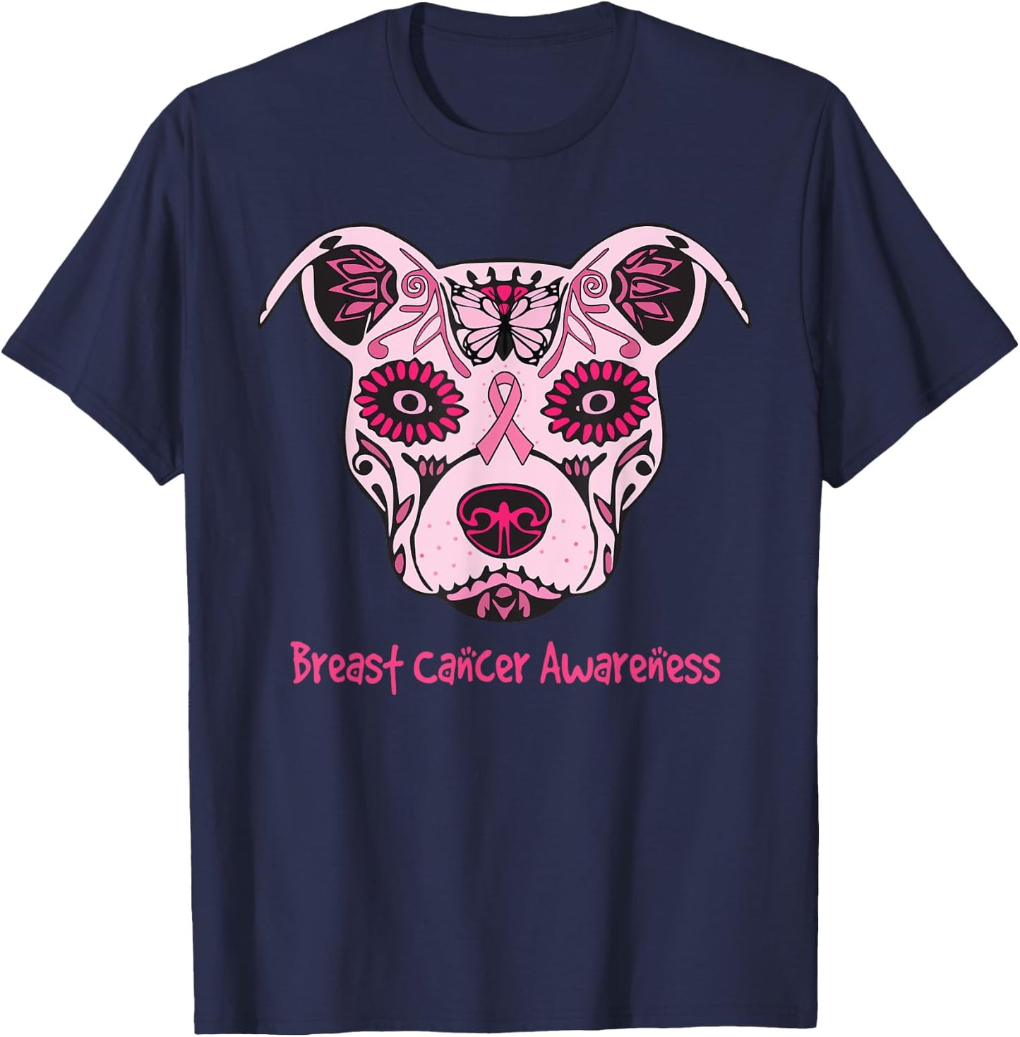 Sugar Pitbull Dog Breast Cancer Awareness Day Of The Dead Men Women Girls Kids T-Shirt - T-Shirt | Navy