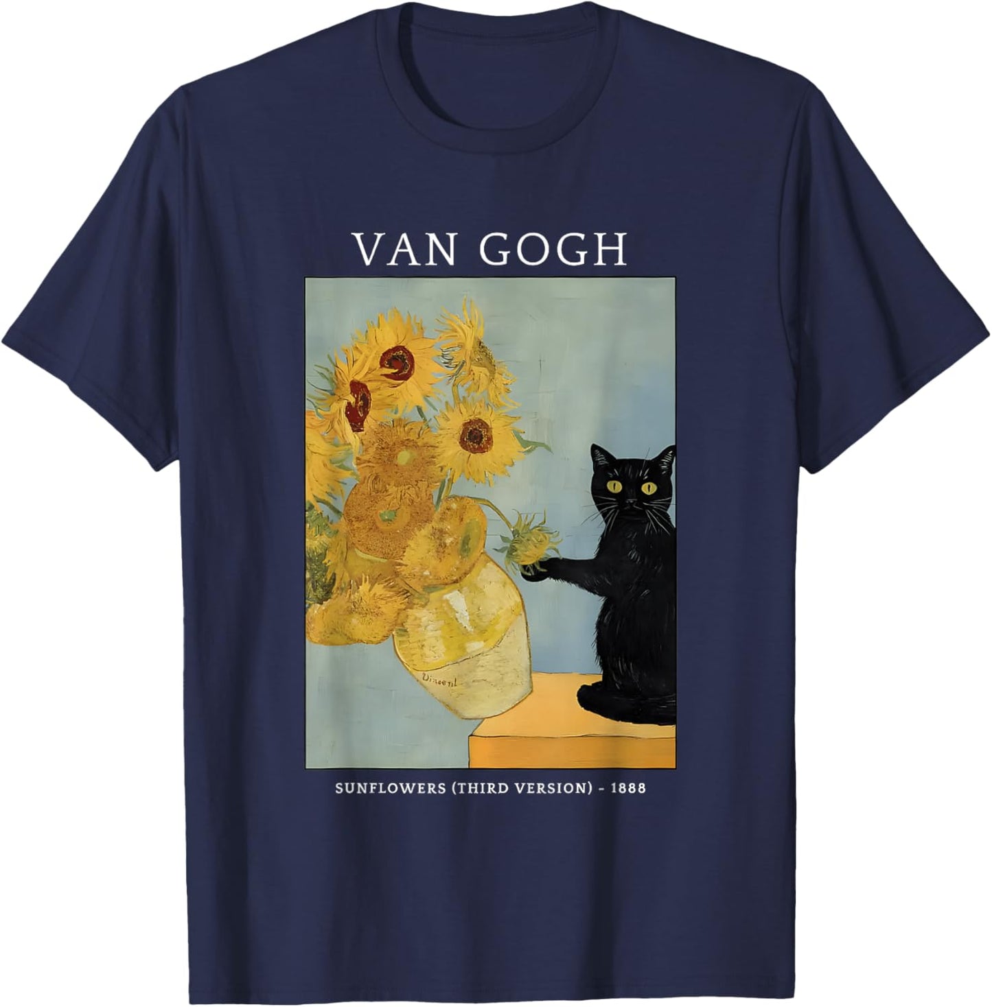 Funny Van Gogh Sunflowers Cat Meme Van Gogh Art Graphic T-Shirt - T-Shirt | Navy