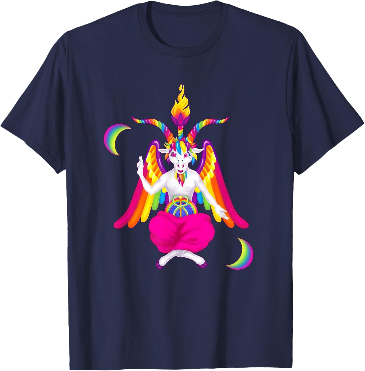 Rainbow 90s Baphomet Ironic Satanic Demon T-Shirt - T-Shirt | Navy