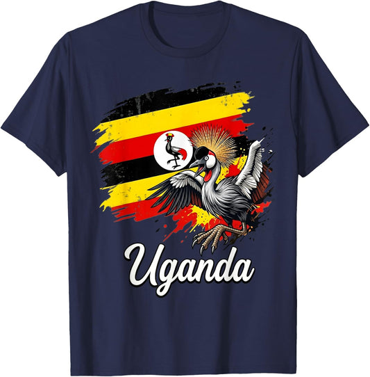 Uganda Flag Grey Crowned Crane National Bird T-Shirt - T-Shirt | Navy