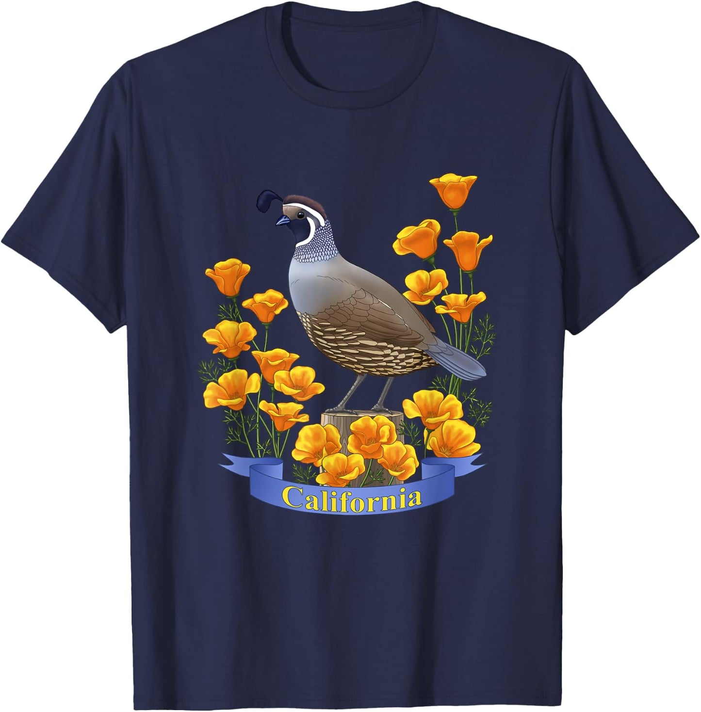 California Valley Quail State Bird & Golden Poppy Flowers T-Shirt - T-Shirt | Navy