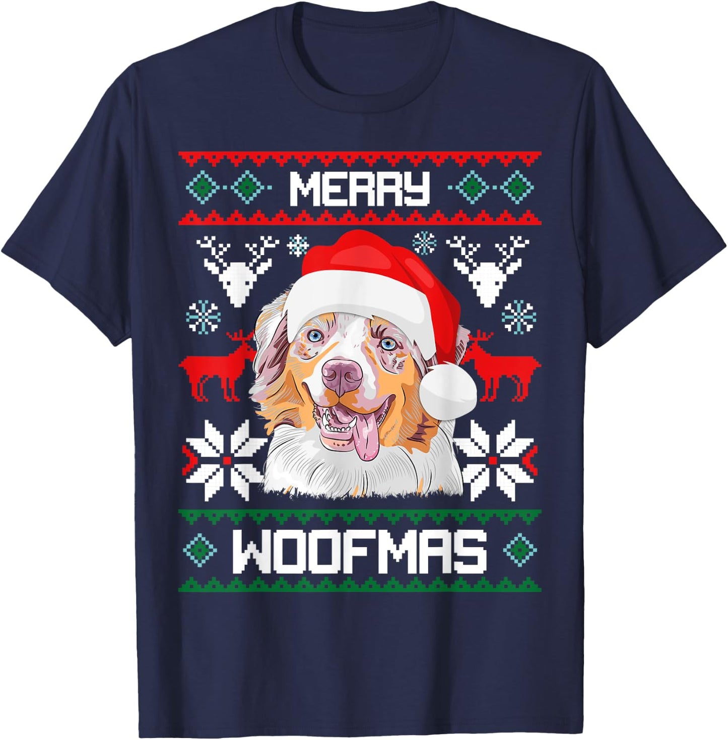 Australian Shepherd Merry Woofmas Christmas Dog Gift T-Shirt - T-Shirt | Navy