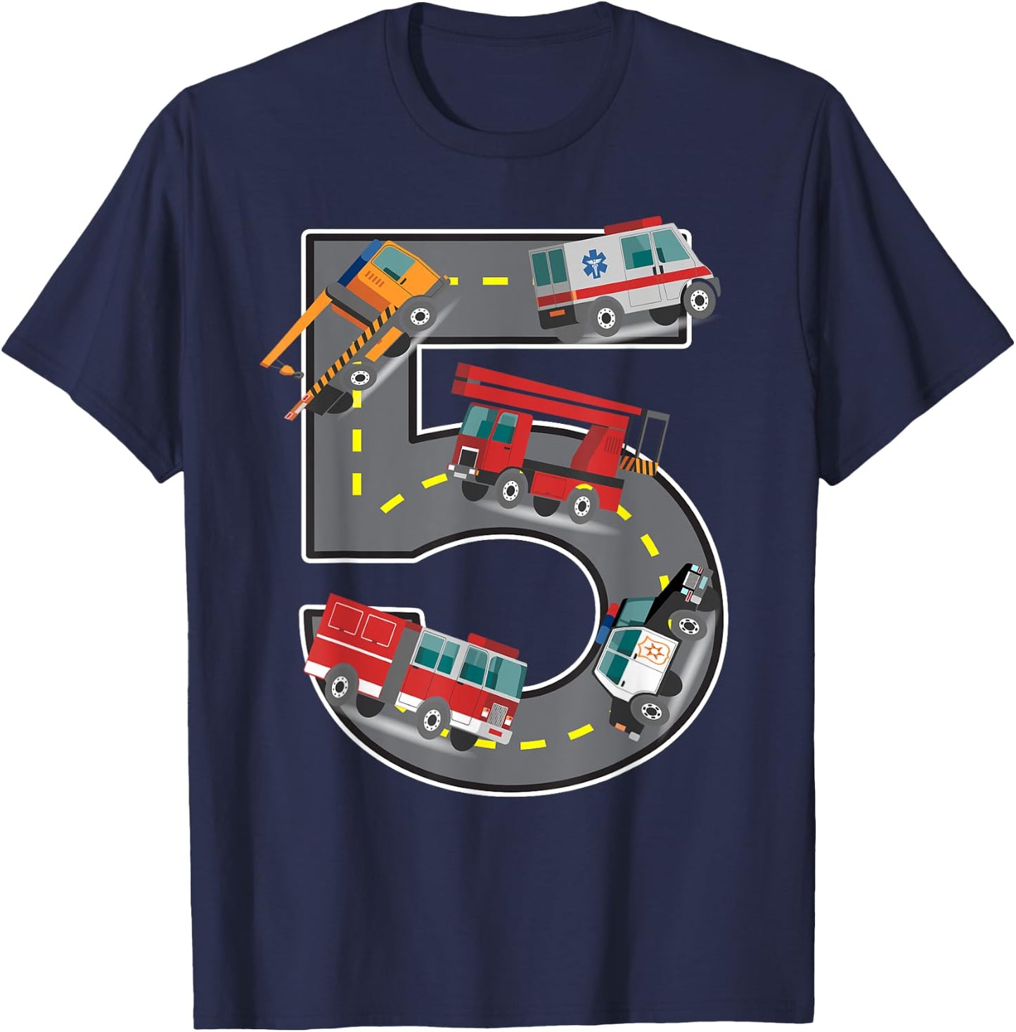 Five Year Old 5th Birthday Fire Truck Ambulance Police Car T-Shirt - T-Shirt | Navy