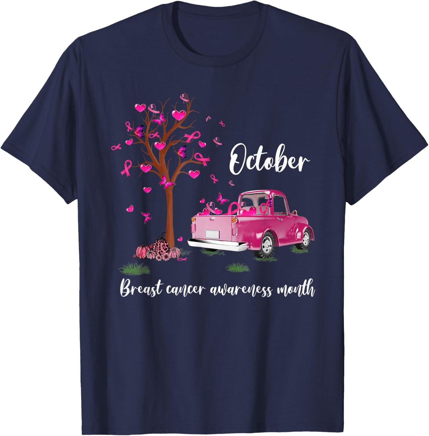 Pink Truck Pumpkin October Breast Cancer Awareness Month T-Shirt - T-Shirt | Navy