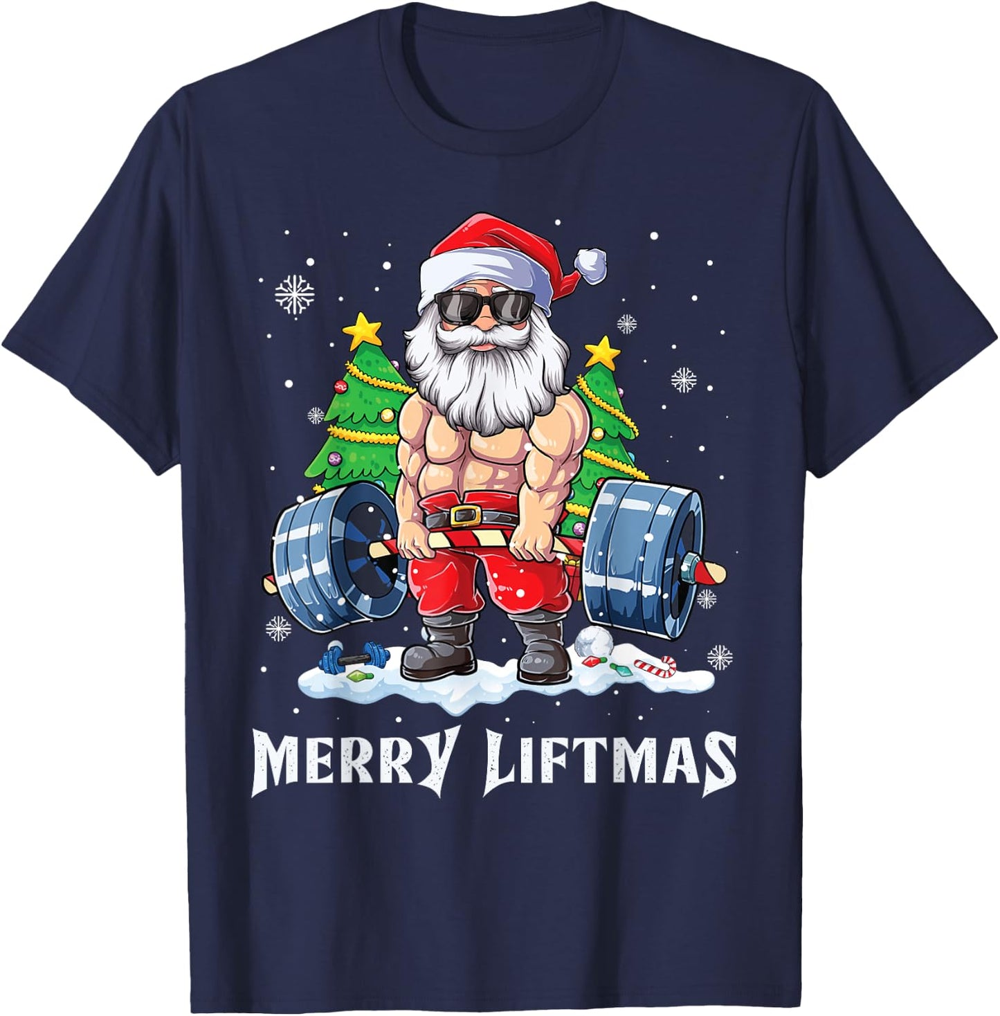 Merry Liftmas Funny Santa Claus Gym Fitness Weightlifting T-Shirt - T-Shirt | Navy