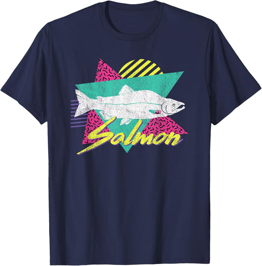 Vintage Retro 80s Or 90s Salmon Fish T-Shirt - T-Shirt | Navy