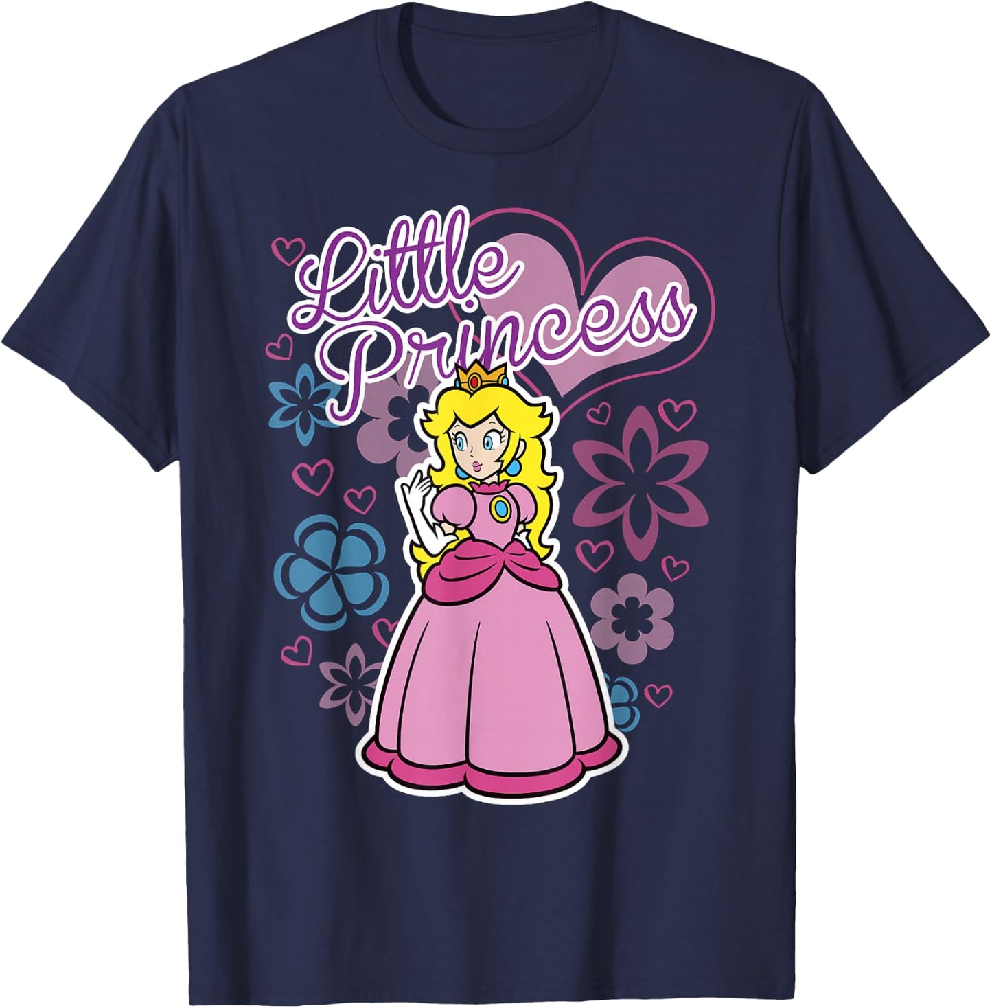 Super Mario Peach Little Princess Flowers and Hearts Poster T-Shirt - T-Shirt | Navy