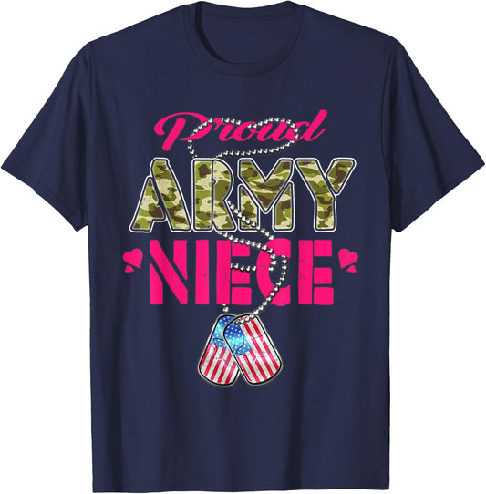 Proud Army Niece US Flag Camo Dog Tags Pride Military Family T-Shirt - T-Shirt | Navy