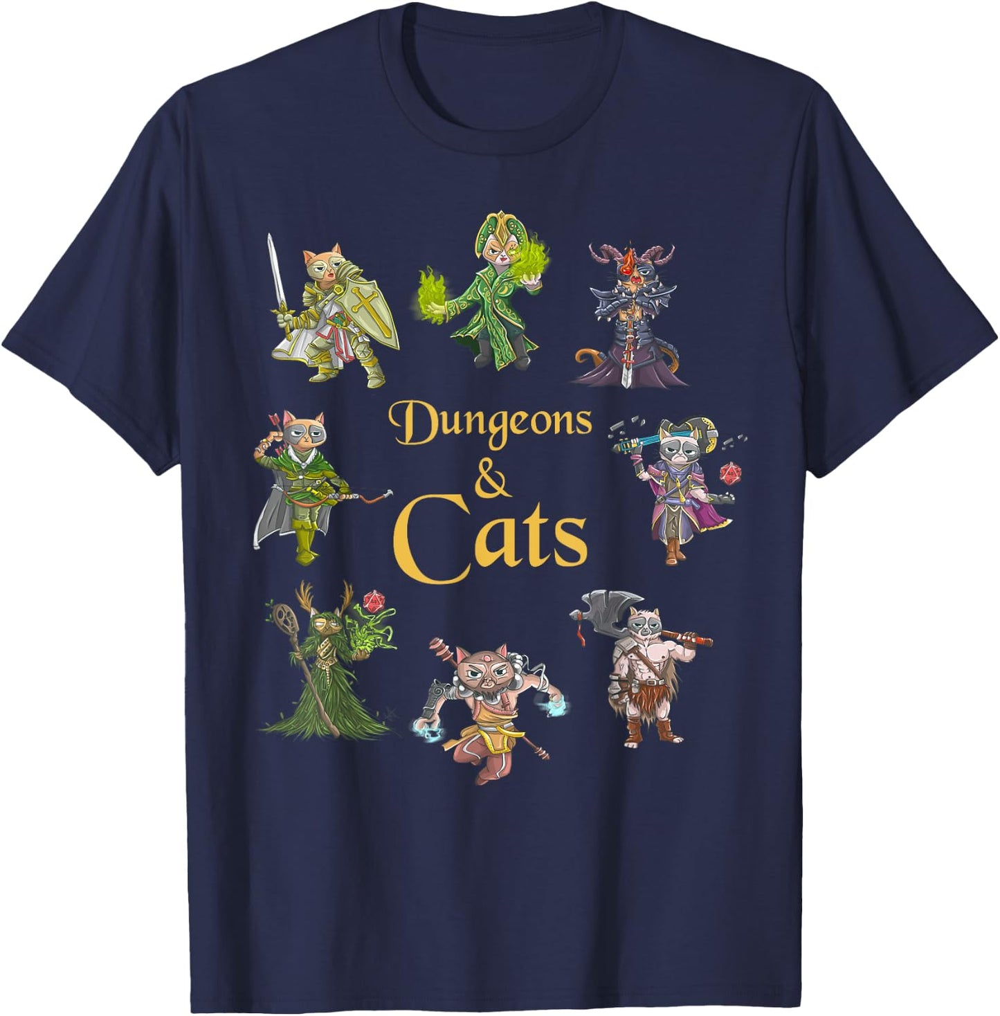 Dungeons And Cats Funny Cute Tabletop Gaming Geek Roleplay T-Shirt - T-Shirt | Navy