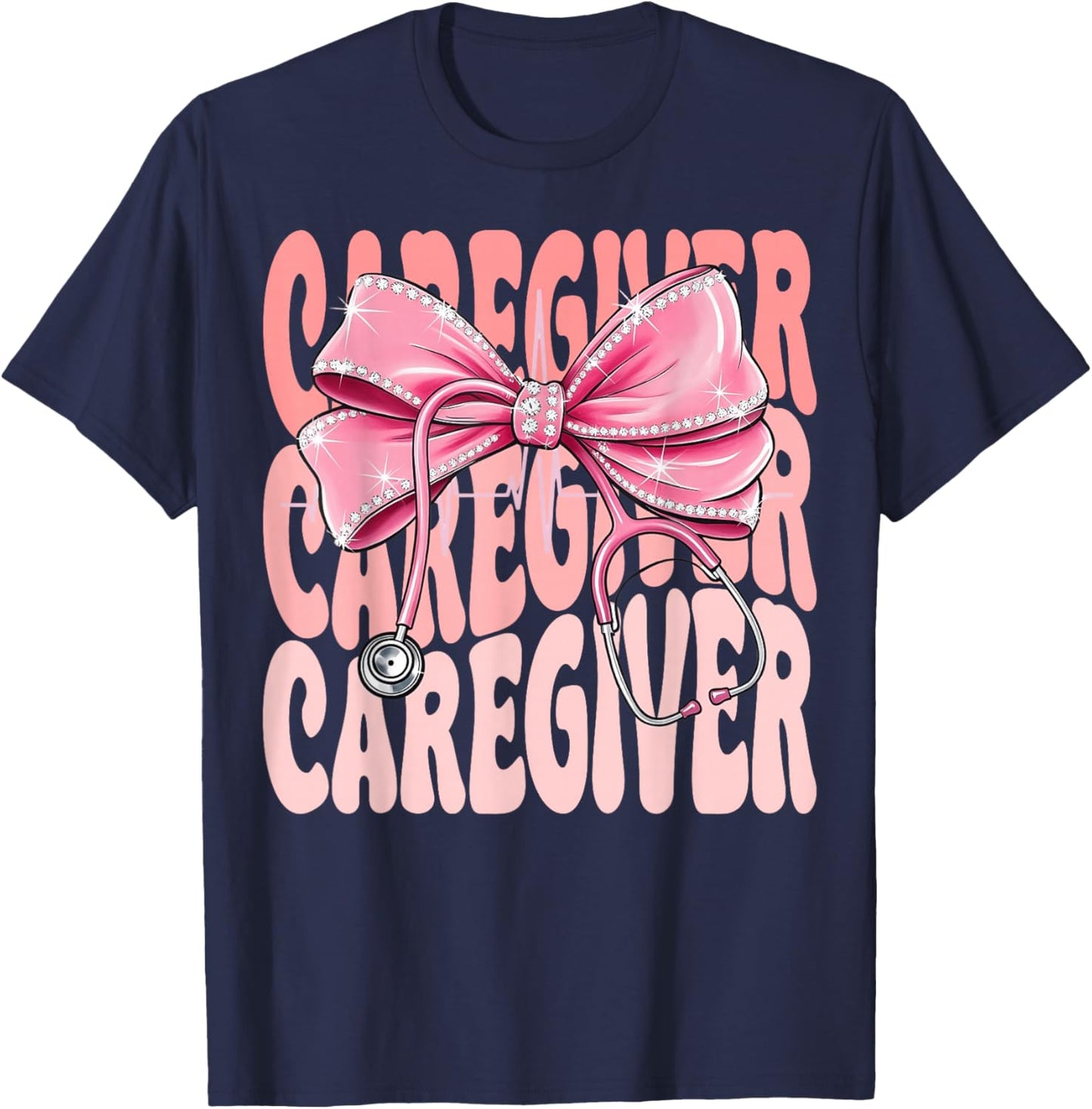 Caregiver Week Day Pink Coquette Bow Stethoscope T-Shirt - T-Shirt | Navy