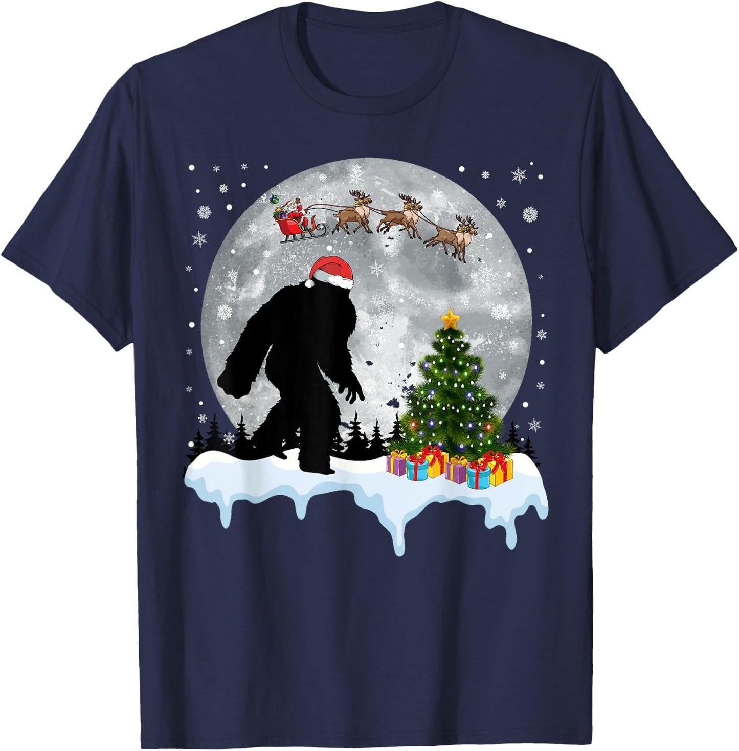 Christmas Bigfoot Santa Tree Sleigh Moon Reindeer Snow T-Shirt - T-Shirt | Navy