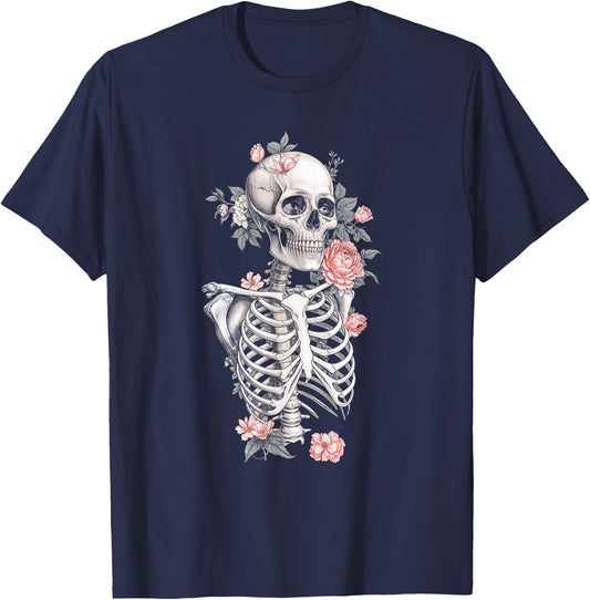 Floral Skeleton Flowers Goth Aesthetic T-Shirt - T-Shirt | Navy