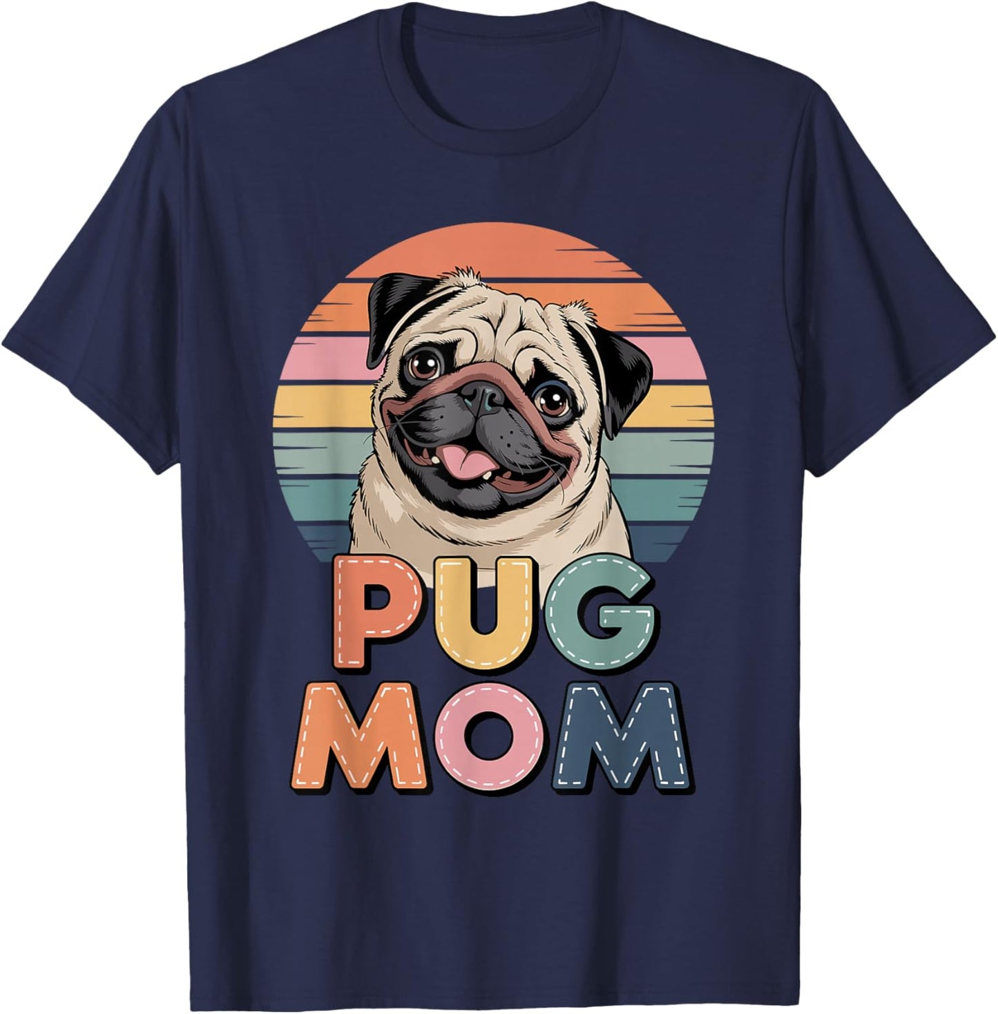 Retro Pug Mom Chinese Pugs T-Shirt - T-Shirt | Navy