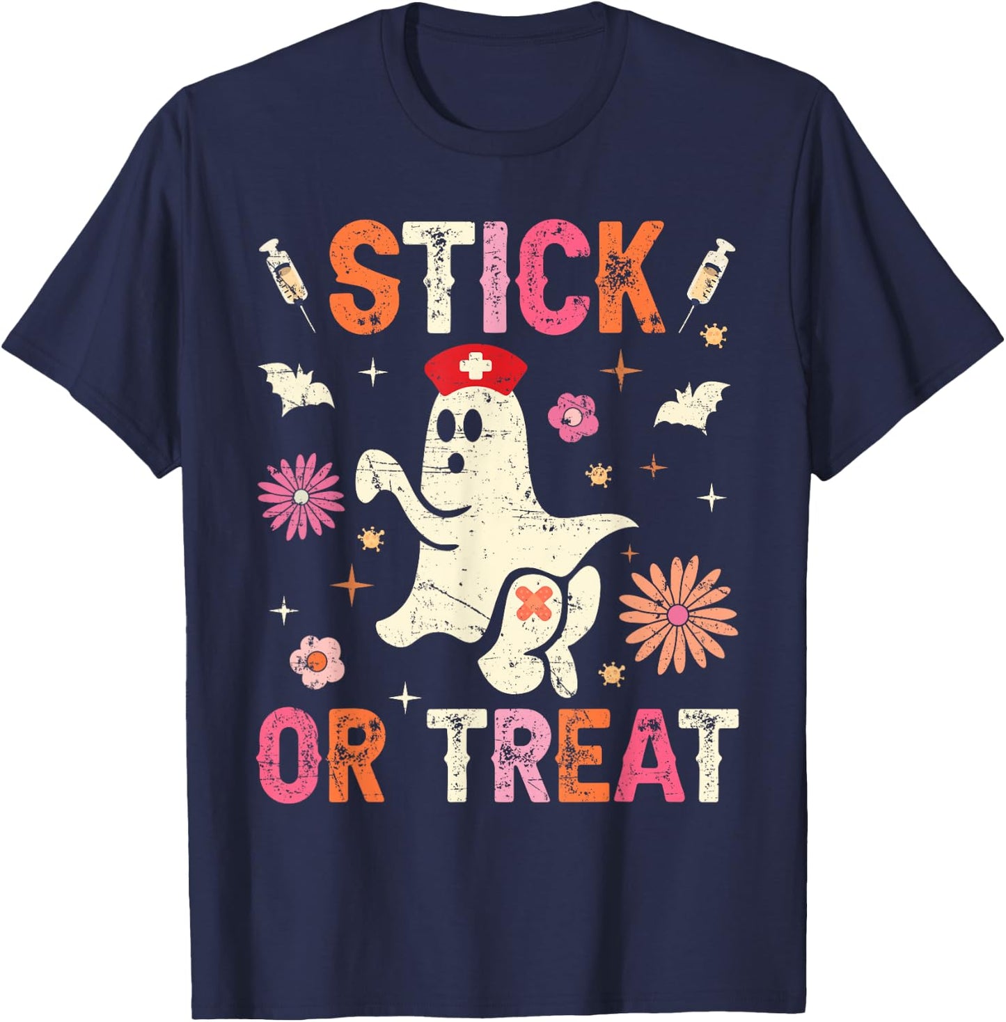 Stick Or Treat Halloween Ghost Nurse Halloween Phlebotomy T-Shirt - T-Shirt | Navy