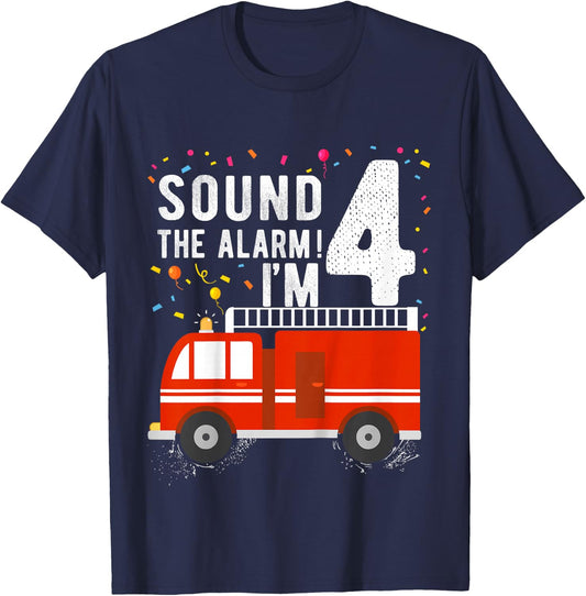 Kids Fire Truck 4th Birthday Boy 4 Year Old Firefighter T-Shirt - T-Shirt | Navy