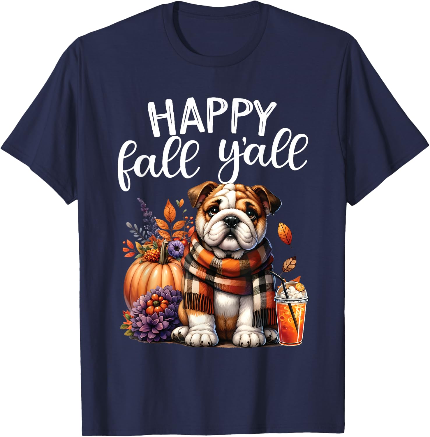 Thankful Grateful Blessed English Bulldog Fall Y'all Autumn T-Shirt - T-Shirt | Navy