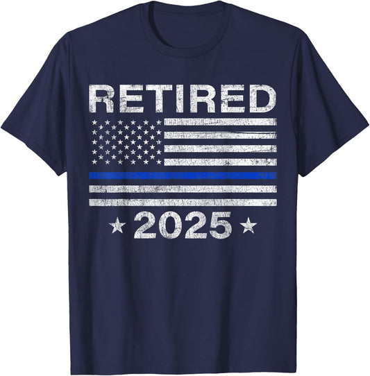 Retired 2025 Thin Blue Line US Flag Police Retirement Gifts T-Shirt - T-Shirt | Navy