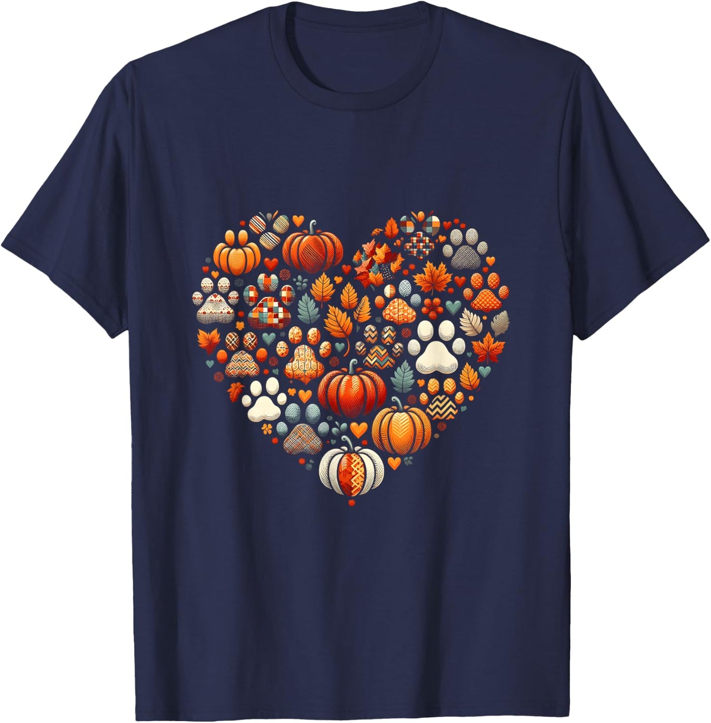 Cute Dog Cat Paw Print Pumpkin Autumn Leaf Fall Thanksgiving T-Shirt - T-Shirt | Navy
