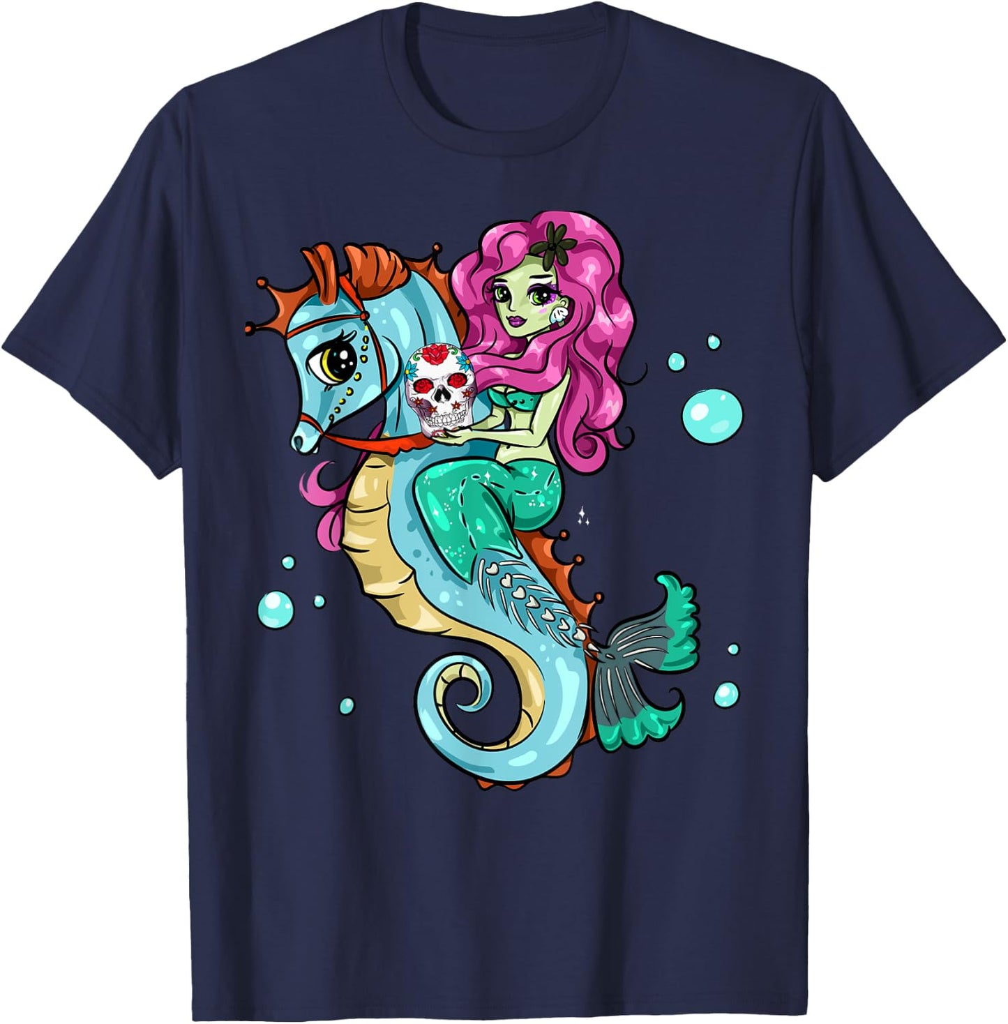 Halloween Skeleton Mermaid Sugar Skull Sea Horse T-Shirt - T-Shirt | Navy