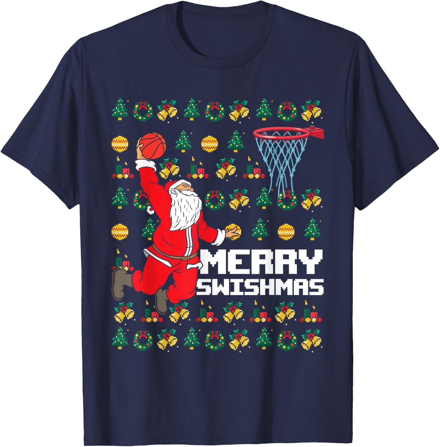 Merry Swishmas Basketball Fun Christmas Sporty Santa Xmas T-Shirt - T-Shirt | Navy
